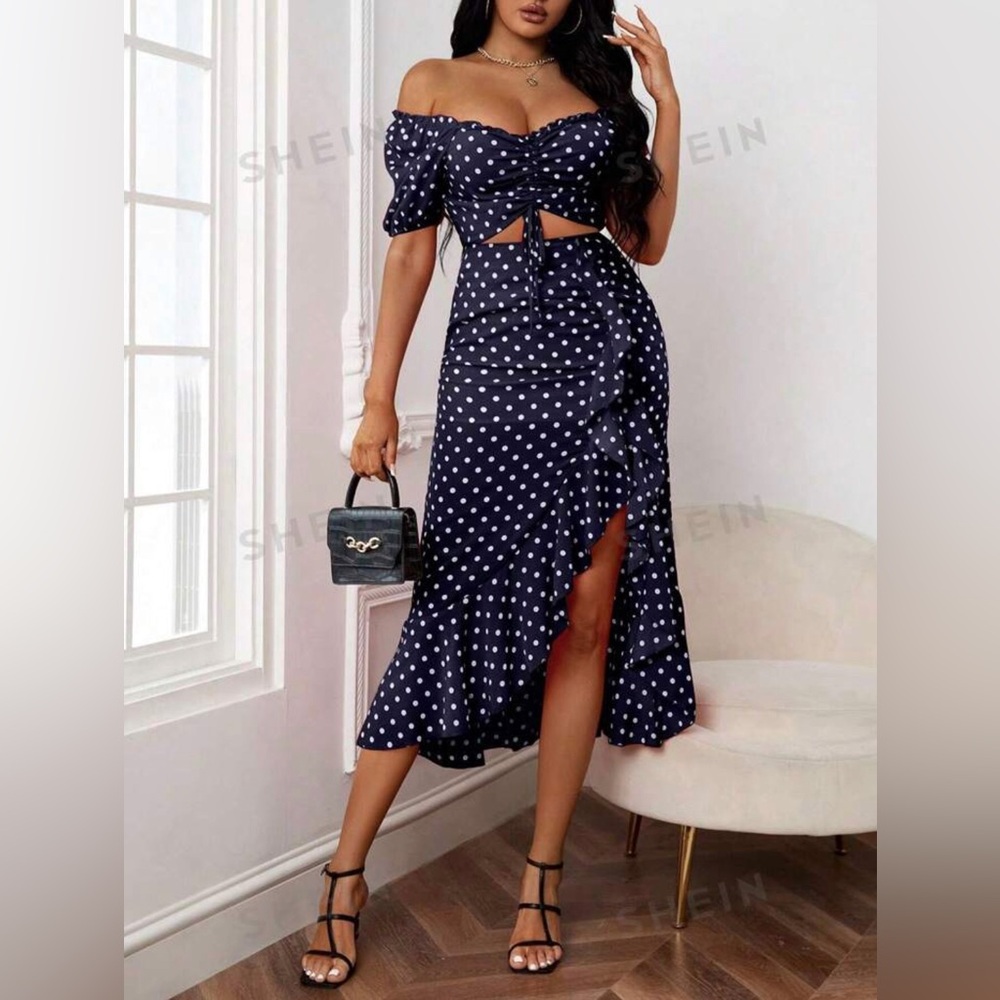 5 for $25! 💕SHEIN Privé Women Polka Dot Off Shoulder Top & Ruffle Hem Skirt Set